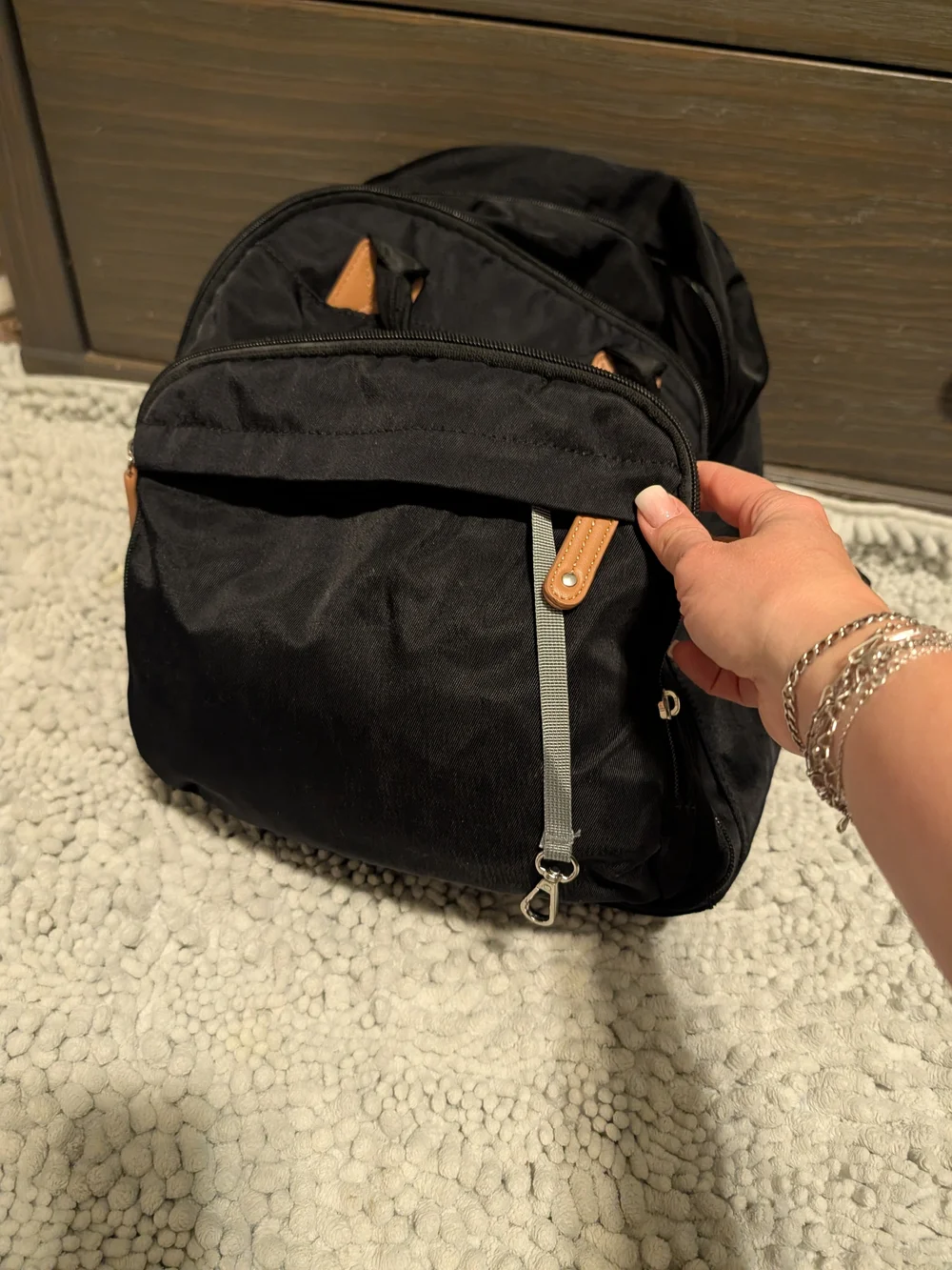 Baby Bag Black Nylon Backpack with Tan Accents